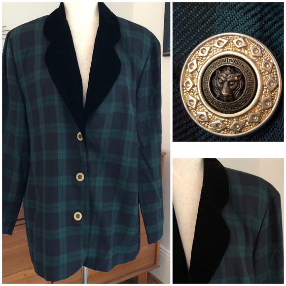 VTG Leslie Fay Plaid Blazer Velvet Collar 16 XL USA Lion Preppy Equestrian 80s - Picture 1 of 14